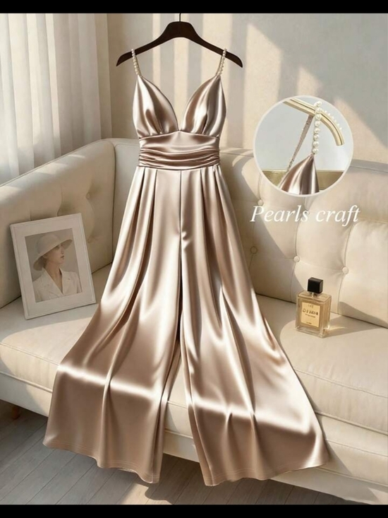 Pants - Pearl-strap Satin Jumpsuit in Champagne